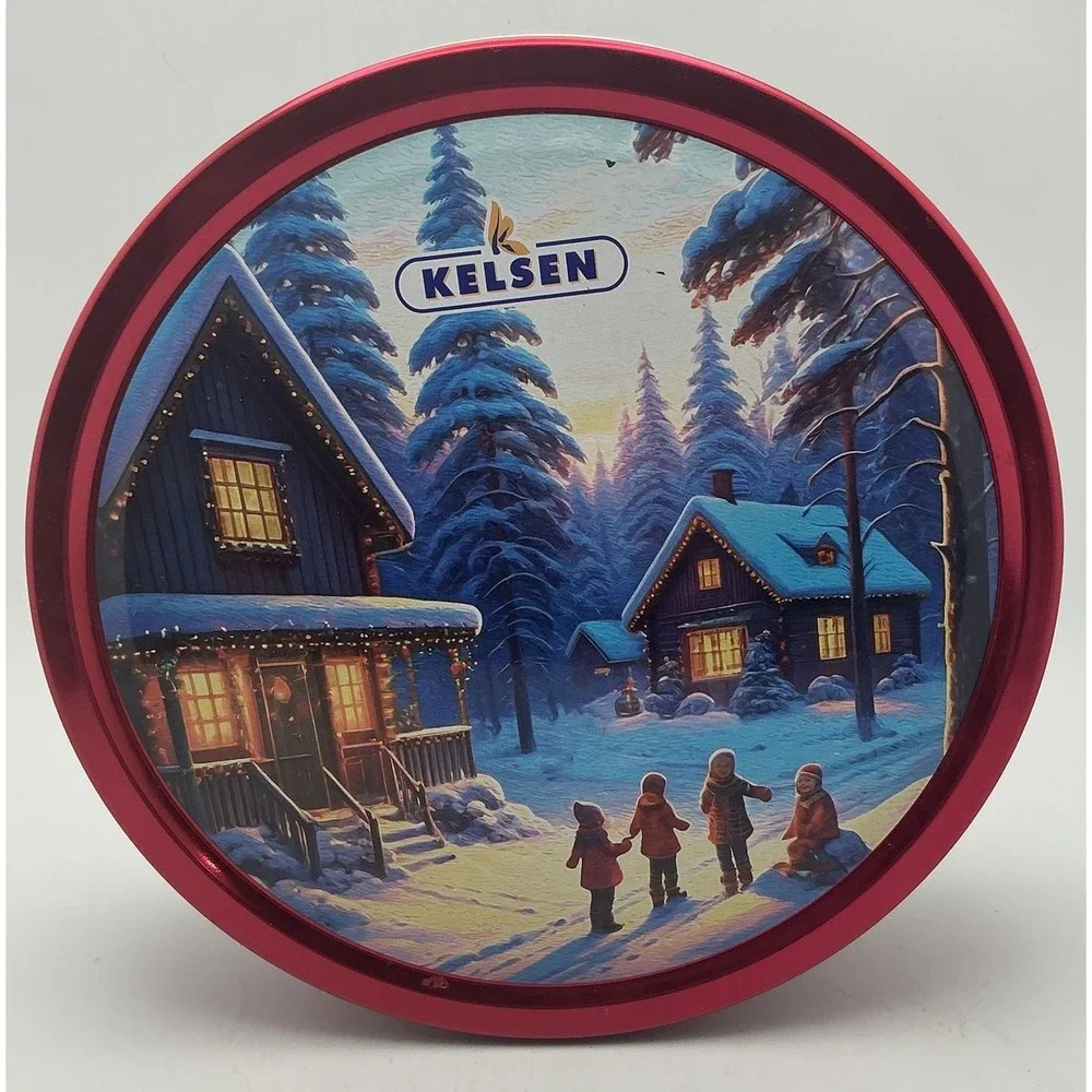 Kelsen Danish Butter Cookies Red Holiday Tin, Children & Lit Forest Cabins-Empty